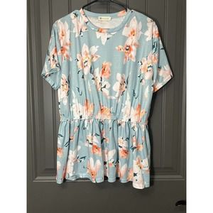 For G and PL Light Blue Floral Print Short Sleeved Elastic Waist Size XL
